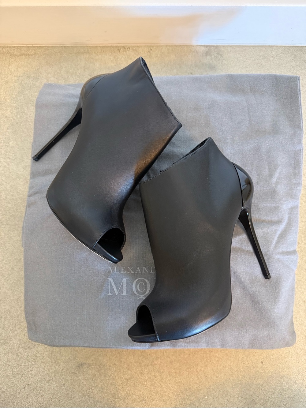 Alexander McQueen Black Leather Peep-Toe Stiletto Booties. 36. Like New. - Picture 2 of 7